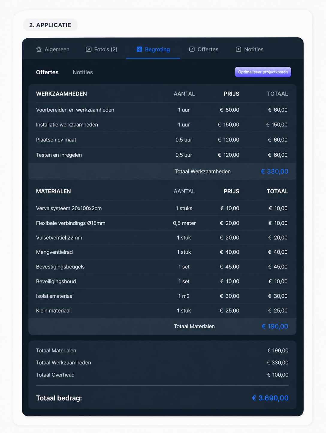 Werkorder in applicatie